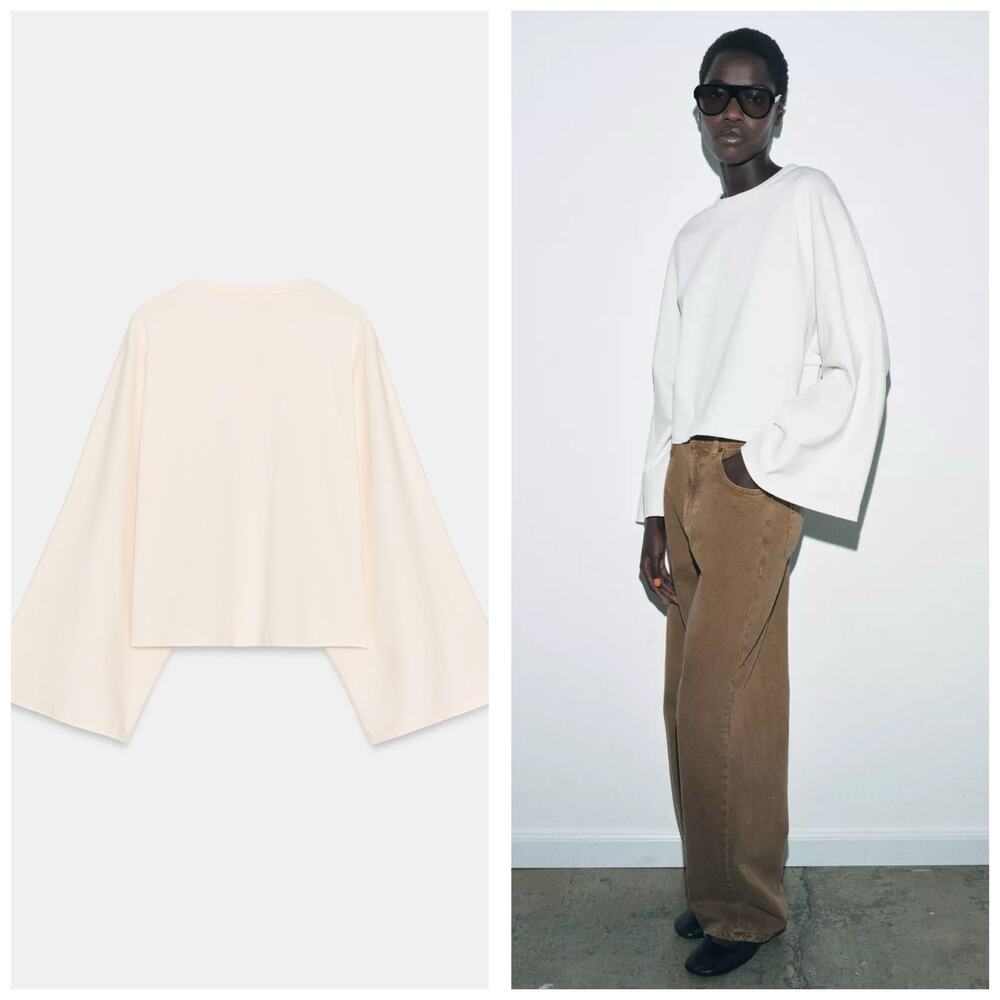 NWT Zara Cape Sleeve Cotton Shirt Size Medium Cream Beau Embroidered 4424/151